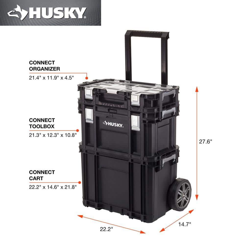 Connect Stackable 22 in. Rolling Tool Cart, 22 in. Durable Flat Lid Tool Box, and Pro Small Parts Organizer - Husky Tool