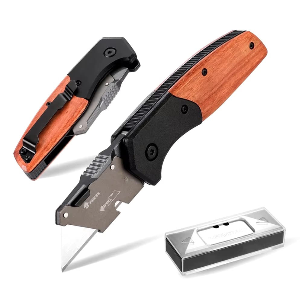 Heavy-Duty Utility Folding Knife: Wooden Handle with Quick Release & 10 Extra Blades - Husky Tools