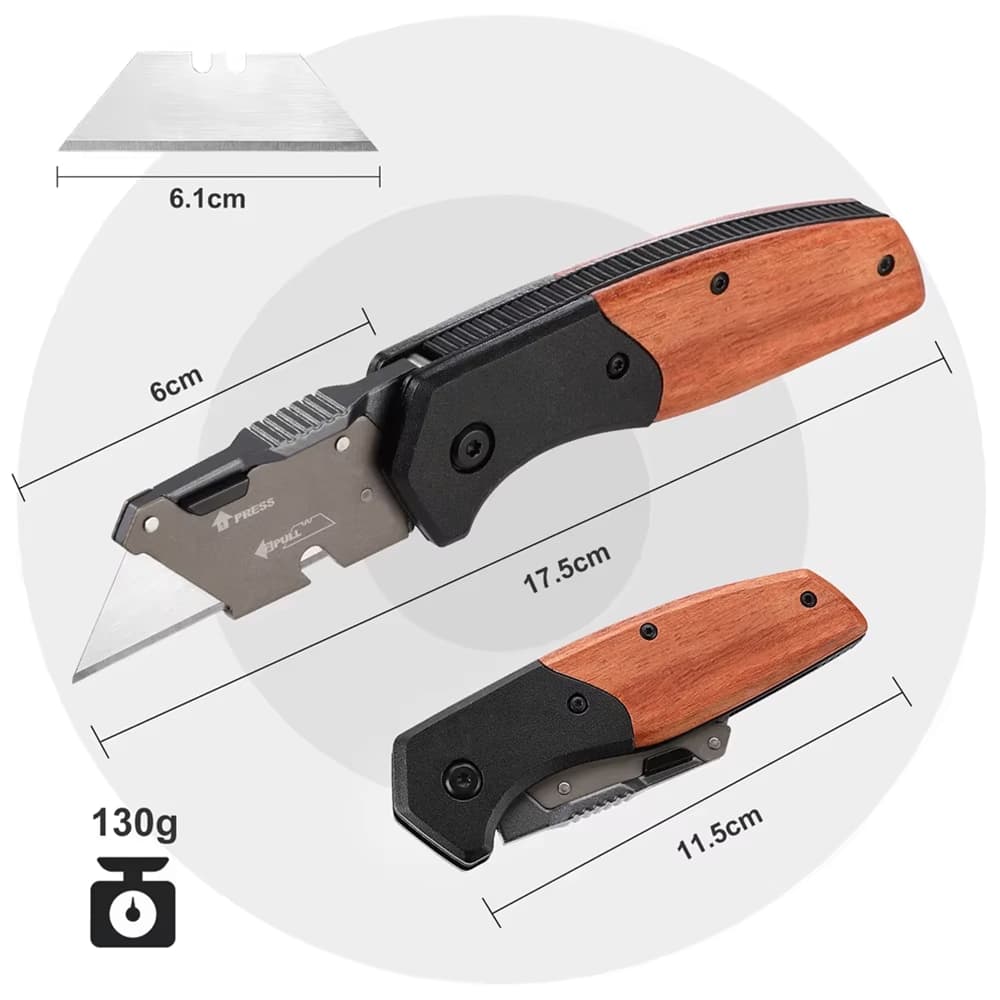 Heavy-Duty Utility Folding Knife: Wooden Handle with Quick Release & 10 Extra Blades - Husky Tools