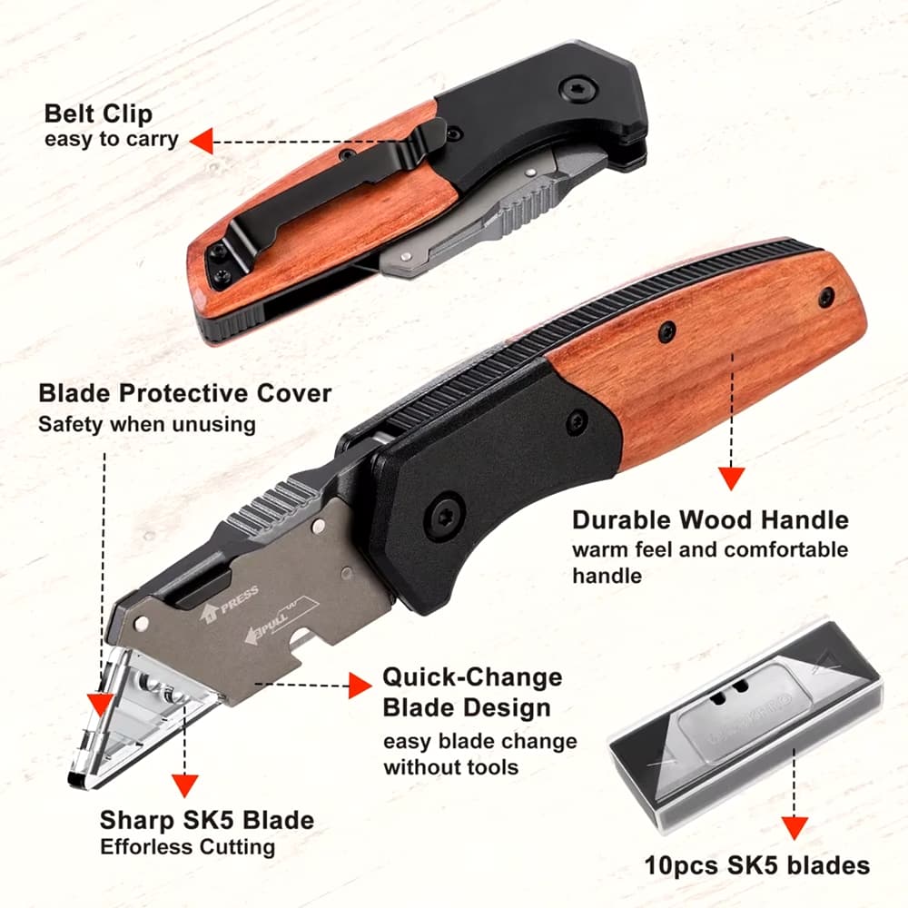 Heavy-Duty Utility Folding Knife: Wooden Handle with Quick Release & 10 Extra Blades - Husky Tools